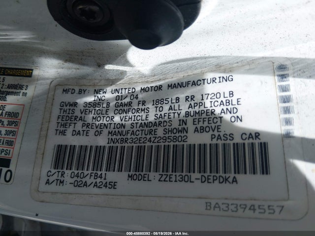 2004 Toyota Corolla Ce მანქანა იყიდება აუქციონზე, vin: 1NXBR32E24Z295802, აუქციონის ნომერი: 45880392