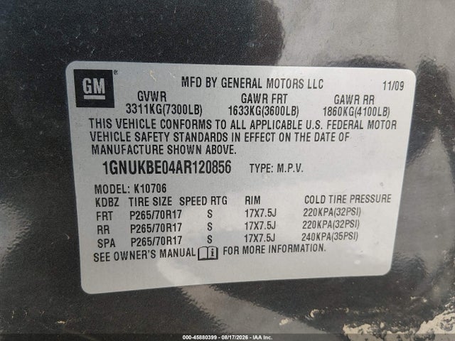 45880399 :رقم المزاد ، 1GNUKBE04AR120856 vin ، 2010 Chevrolet Tahoe Lt مزاد بيع
