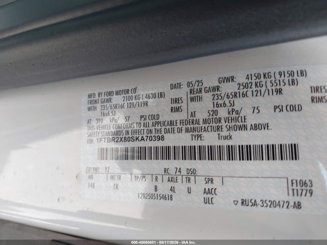 2025 Ford Transit-250 მანქანა იყიდება აუქციონზე, vin: 1FTBR2X80SKA70398, აუქციონის ნომერი: 45880401
