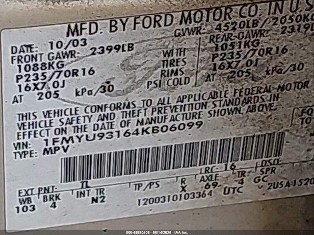 Продаж на аукціоні авто 2004 Ford Escape Xlt, vin: 1FMYU93164KB06099, номер лоту: 45880406