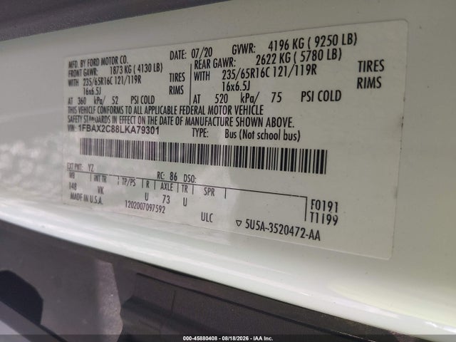 1FBAX2C88LKA79301 Ford Transit-350 Passenger Van Xl