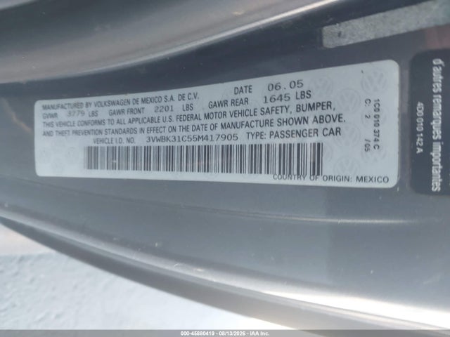 2005 Volkswagen New Beetle Gl მანქანა იყიდება აუქციონზე, vin: 3VWBK31C55M417905, აუქციონის ნომერი: 45880419