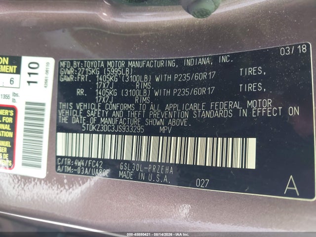 Toyota Sienna Le 8 Passenger 2018 5TDKZ3DC3JS933295 Image 9
