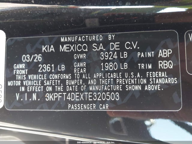 Продажа на аукционе авто 2026 Kia K4 Lxs, vin: 3KPFT4DEXTE320503, номер лота: 45880435