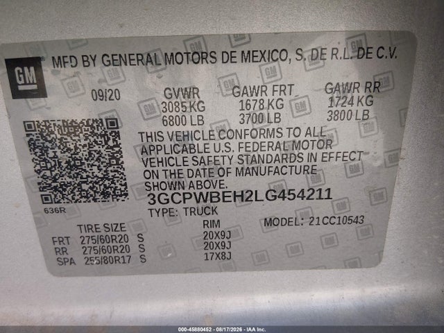 Продаж на аукціоні авто 2020 Chevrolet Silverado 1500 2wd  Short Bed Custom, vin: 3GCPWBEH2LG454211, номер лоту: 45880452