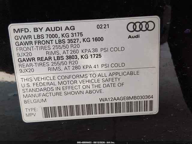Aukcja sprzedaży 2021 Audi E-tron Sportback Premium Plus Quattro, vin: WA12AAGE8MB030364, numer aukcji: 45880453