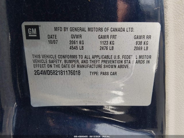 Продаж на аукціоні авто 2008 Buick Lacrosse Cxl, vin: 2G4WD582181176018, номер лоту: 45880455