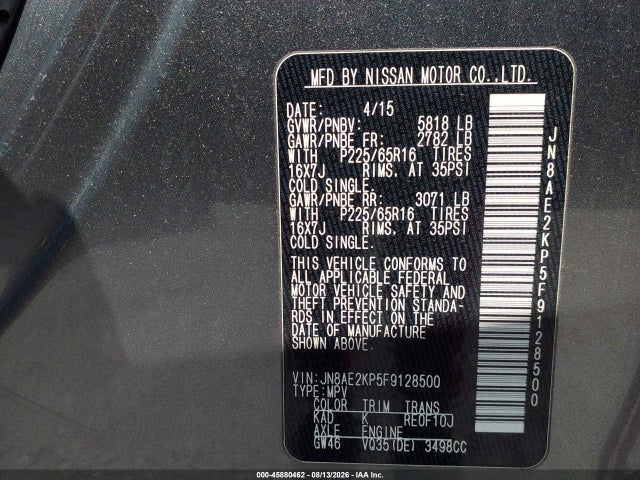 45880462 :رقم المزاد ، JN8AE2KP5F9128500 vin ، 2015 Nissan Quest Platinum/s/sl/sv مزاد بيع