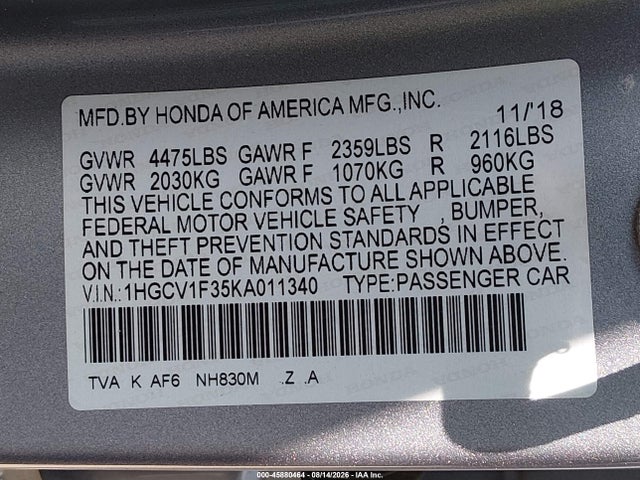 1HGCV1F35KA011340 Honda Accord Sport