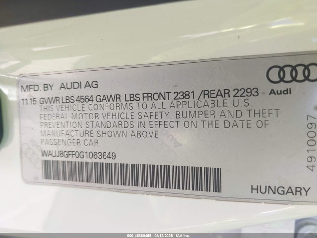 2016 Audi A3 2.0t Premium მანქანა იყიდება აუქციონზე, vin: WAUJ8GFF0G1063649, აუქციონის ნომერი: 45880468