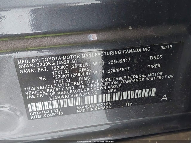 2T3MWRFV8KW038193 Toyota Rav4 Hybrid Le
