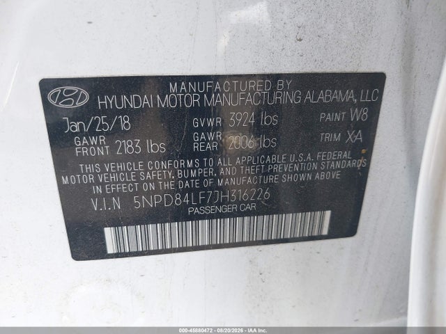 5NPD84LF7JH316226 Hyundai Elantra Value Edition