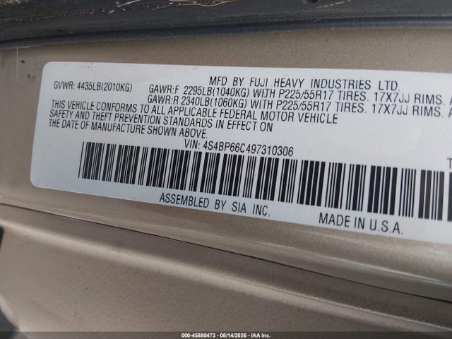 Продажа на аукционе авто 2009 Subaru Outback 2.5i Limited, vin: 4S4BP66C497310306, номер лота: 45880473