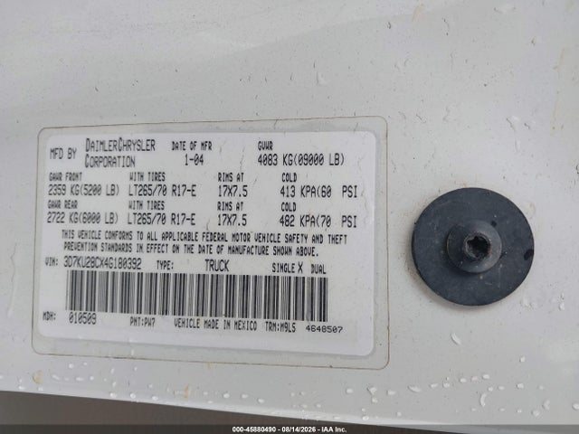 45880490 :رقم المزاد ، 3D7KU28CX4G180392 vin ، 2004 Dodge Ram 2500 Slt/laramie مزاد بيع