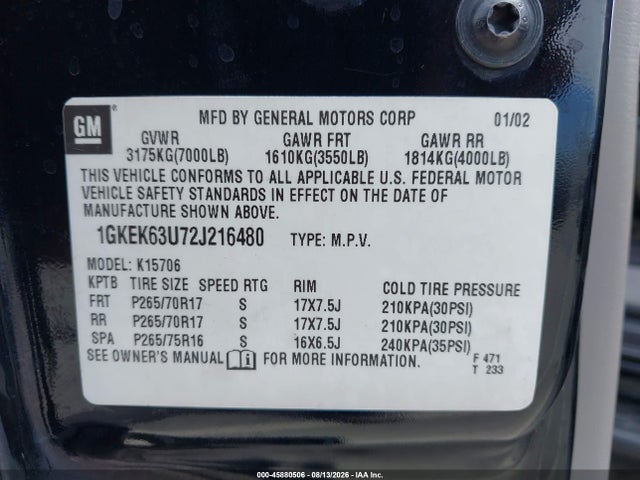 45880506 :رقم المزاد ، 1GKEK63U72J216480 vin ، 2002 Gmc Yukon Denali مزاد بيع