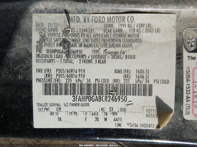 Продажа на аукционе авто 2012 Ford Fusion S, vin: 3FAHP0GA8CR246950, номер лота: 45880507