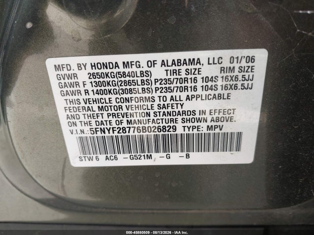 Aukcja sprzedaży 2006 Honda Pilot Ex-l, vin: 5FNYF28776B026829, numer aukcji: 45880509