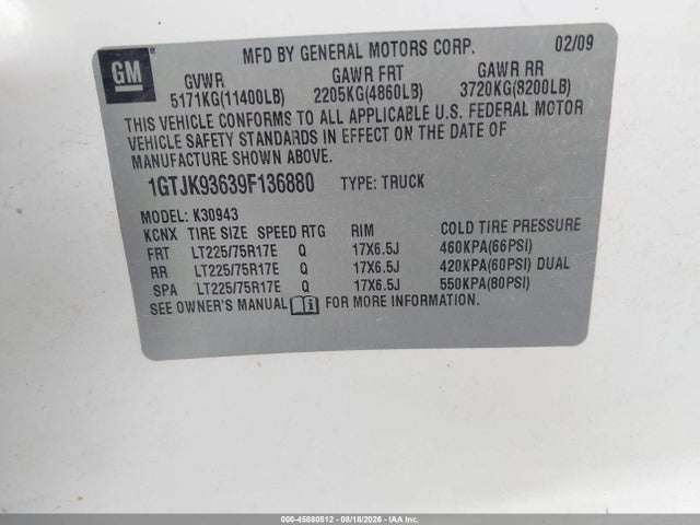 45880512 :رقم المزاد ، 1GTJK93639F136880 vin ، 2009 Gmc Sierra 3500hd Slt مزاد بيع