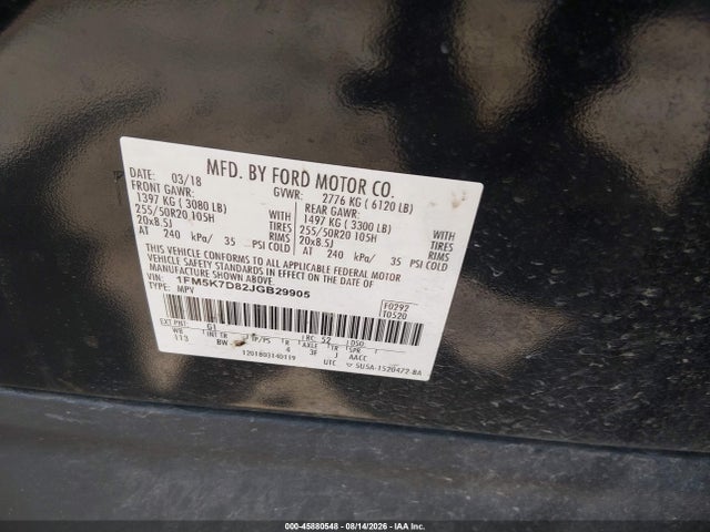 Ford EXPLORER XLT 2018 1FM5K7D82JGB29905 Image 9