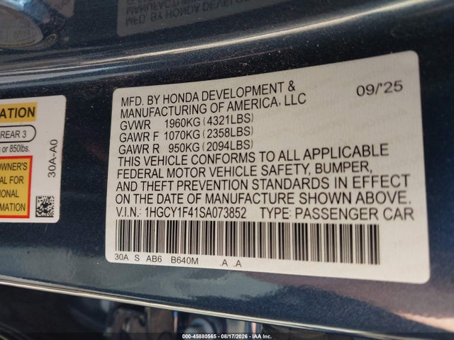 2025 Honda Accord Se მანქანა იყიდება აუქციონზე, vin: 1HGCY1F41SA073852, აუქციონის ნომერი: 45880565