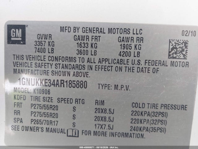 2010 Chevrolet Suburban 1500 Ltz მანქანა იყიდება აუქციონზე, vin: 1GNUKKE34AR185880, აუქციონის ნომერი: 45880571