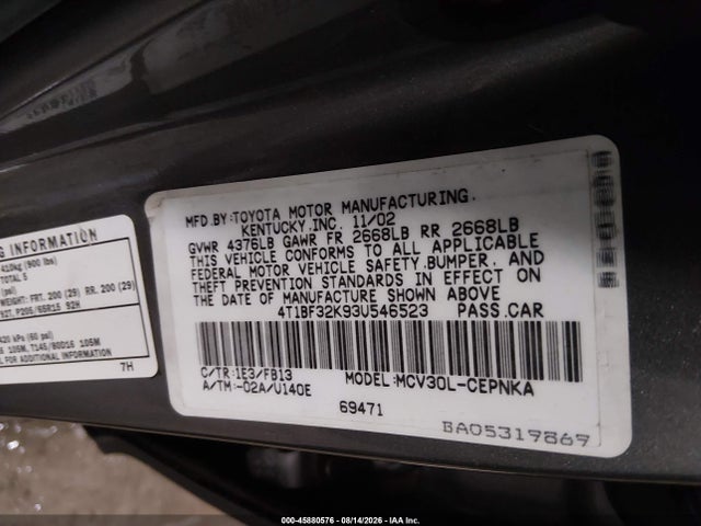 Aukcja sprzedaży 2003 Toyota Camry Le V6, vin: 4T1BF32K93U546523, numer aukcji: 45880576