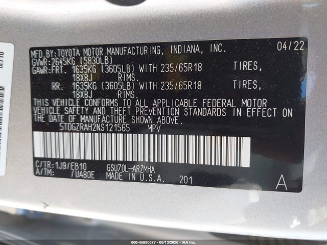 2022 Toyota Highlander Xle მანქანა იყიდება აუქციონზე, vin: 5TDGZRAH2NS121565, აუქციონის ნომერი: 45880577