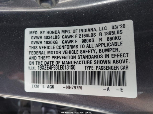 Aukcja sprzedaży 2020 Honda Insight Touring, vin: 19XZE4F93LE013150, numer aukcji: 45880579