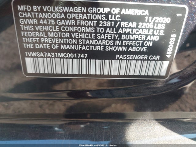 Aukcja sprzedaży 2021 Volkswagen Passat 2.0t Se, vin: 1VWSA7A31MC001747, numer aukcji: 45880580