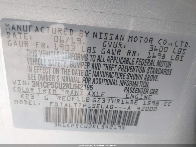 Продажа на аукционе авто 2019 Nissan Kicks Sr, vin: 3N1CP5CU2KL542195, номер лота: 45880593