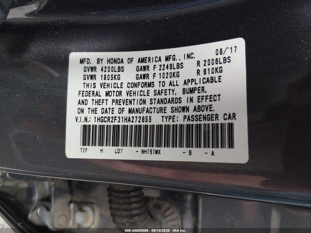 Honda ACCORD LX 2017 1HGCR2F31HA272855 Image 9