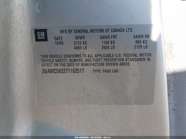 2007 Buick Lacrosse Cx მანქანა იყიდება აუქციონზე, vin: 2G4WC582271162517, აუქციონის ნომერი: 45880606