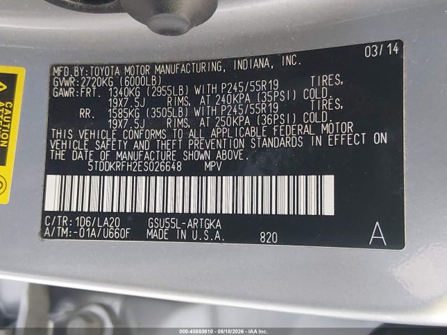 Toyota Highlander Limited V6 2014 5TDDKRFH2ES026648 Image 9