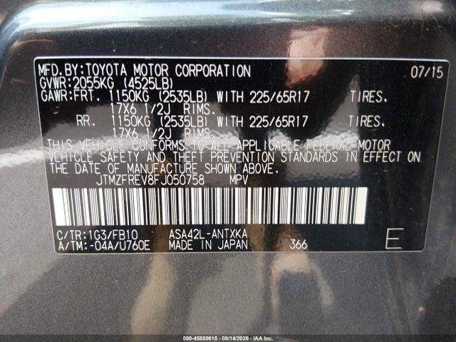 45880615 :رقم المزاد ، JTMZFREV8FJ050758 vin ، 2015 Toyota Rav4 Le مزاد بيع