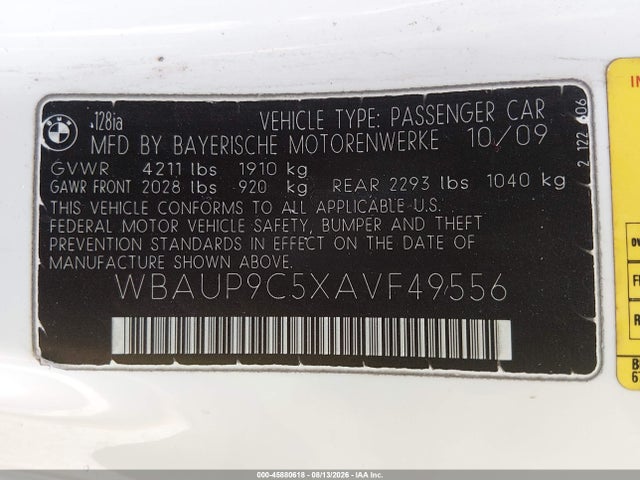 45880618 :رقم المزاد ، WBAUP9C5XAVF49556 vin ، 2010 Bmw 128i مزاد بيع
