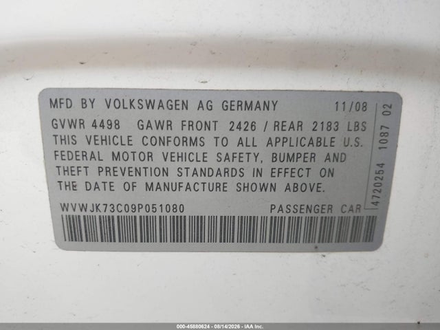 2009 Volkswagen Passat Komfort მანქანა იყიდება აუქციონზე, vin: WVWJK73C09P051080, აუქციონის ნომერი: 45880624