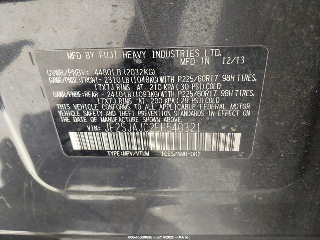 Aukcja sprzedaży 2014 Subaru Forester 2.5i Limited, vin: JF2SJAJC2EH540321, numer aukcji: 45880626