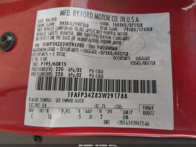 Aukcja sprzedaży 2003 Ford Focus Se, vin: 1FAFP34Z83W291788, numer aukcji: 45880631