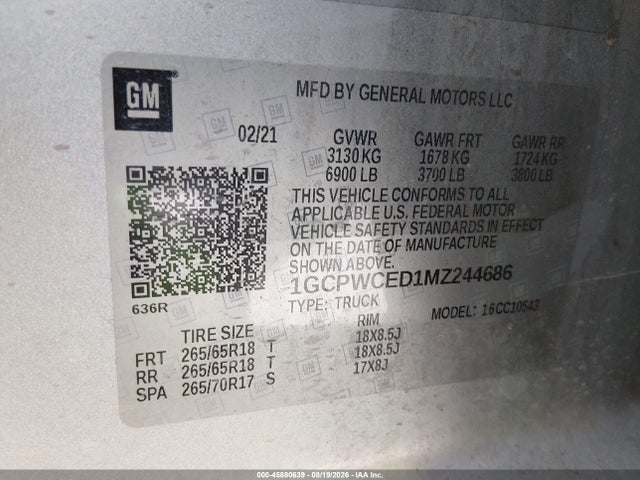 Продаж на аукціоні авто 2021 Chevrolet Silverado 1500 2wd  Short Bed Lt, vin: 1GCPWCED1MZ244686, номер лоту: 45880639
