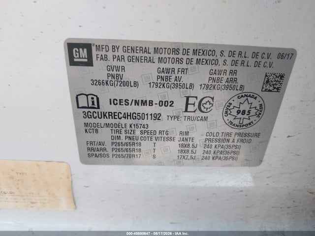 3GCUKREC4HG501192 Chevrolet Silverado 1500 Lt