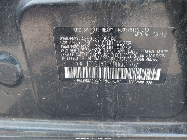 45880669 :رقم المزاد ، JF1GJAB68DH006757 vin ، 2013 Subaru Impreza 2.0i Premium مزاد بيع