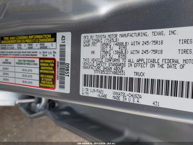 45880676 :رقم المزاد ، 5TFKB5CD3TX002531 vin ، 2026 Toyota Tundra Sr Double Cab 8.1' Bed مزاد بيع