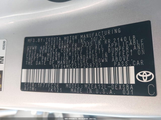 5YFS4MCE5TP258701 Toyota COROLLA SE