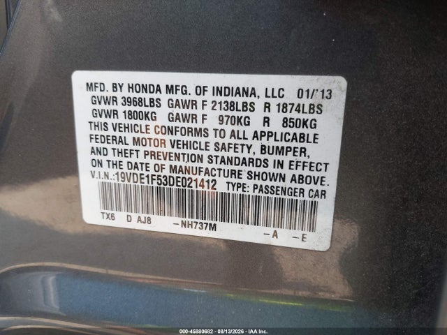 45880682 :رقم المزاد ، 19VDE1F53DE021412 vin ، 2013 Acura Ilx 2.0l مزاد بيع