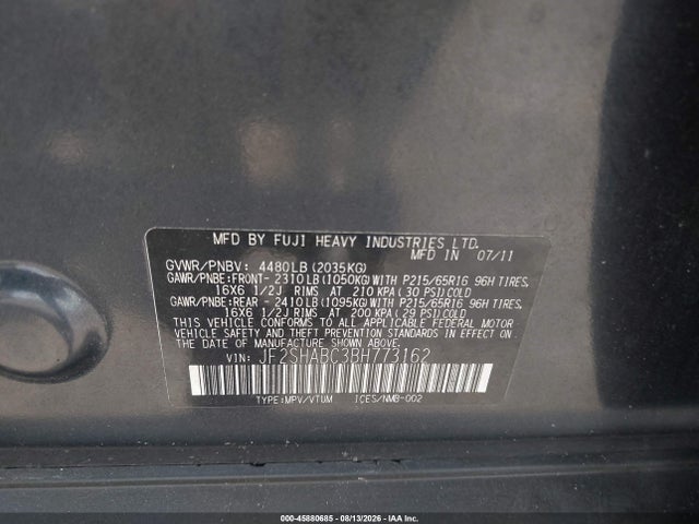 45880685 :رقم المزاد ، JF2SHABC3BH773162 vin ، 2011 Subaru Forester 2.5x مزاد بيع