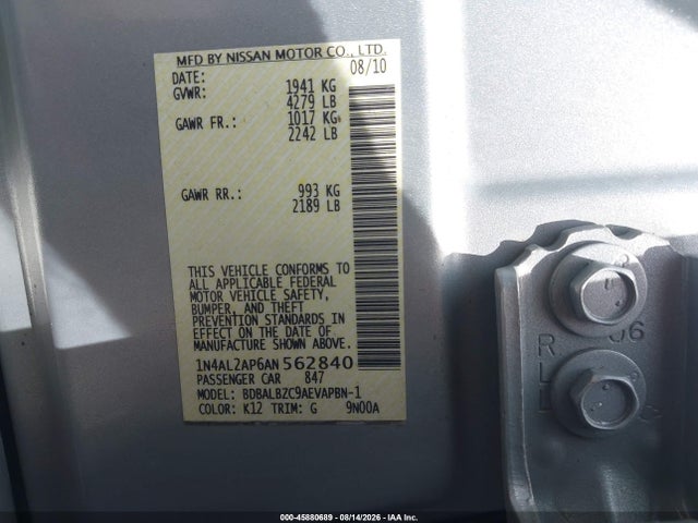 Продаж на аукціоні авто 2010 Nissan Altima 2.5 S, vin: 1N4AL2AP6AN562840, номер лоту: 45880689