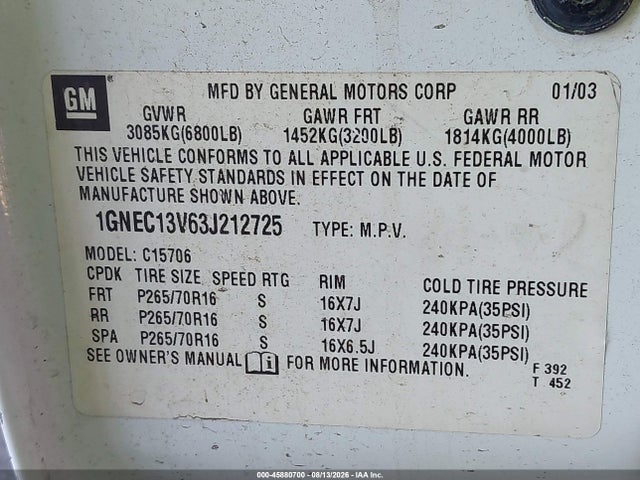 Продаж на аукціоні авто 2003 Chevrolet Tahoe Ls, vin: 1GNEC13V63J212725, номер лоту: 45880700