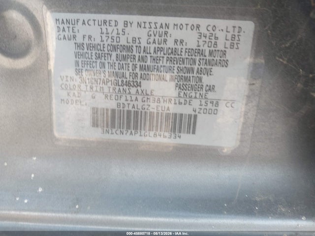 Продаж на аукціоні авто 2016 Nissan Versa 1.6 Sl, vin: 3N1CN7AP1GL846334, номер лоту: 45880718