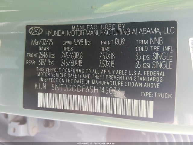 Продаж на аукціоні авто 2025 Hyundai Santa Cruz Xrt, vin: 5NTJDDDF6SH145033, номер лоту: 45880720