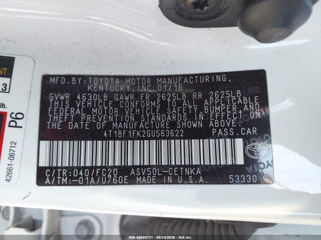45880731 :رقم المزاد ، 4T1BF1FK2GU563622 vin ، 2016 Toyota Camry Le مزاد بيع